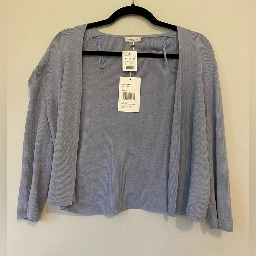 Lafayette 148 Blue Finespun Voile Open-front Cropped Cardigan New With Tags